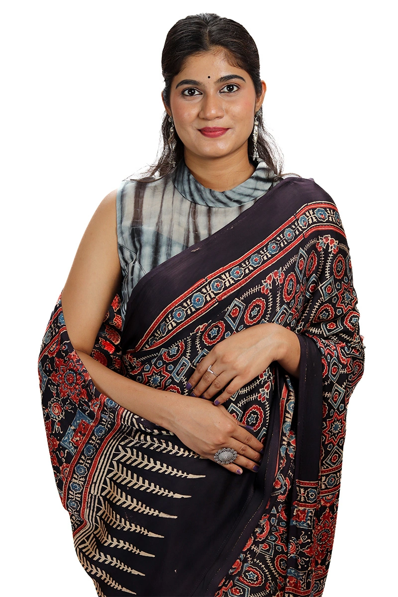 Monochrome Shibori High-Neck Blouse