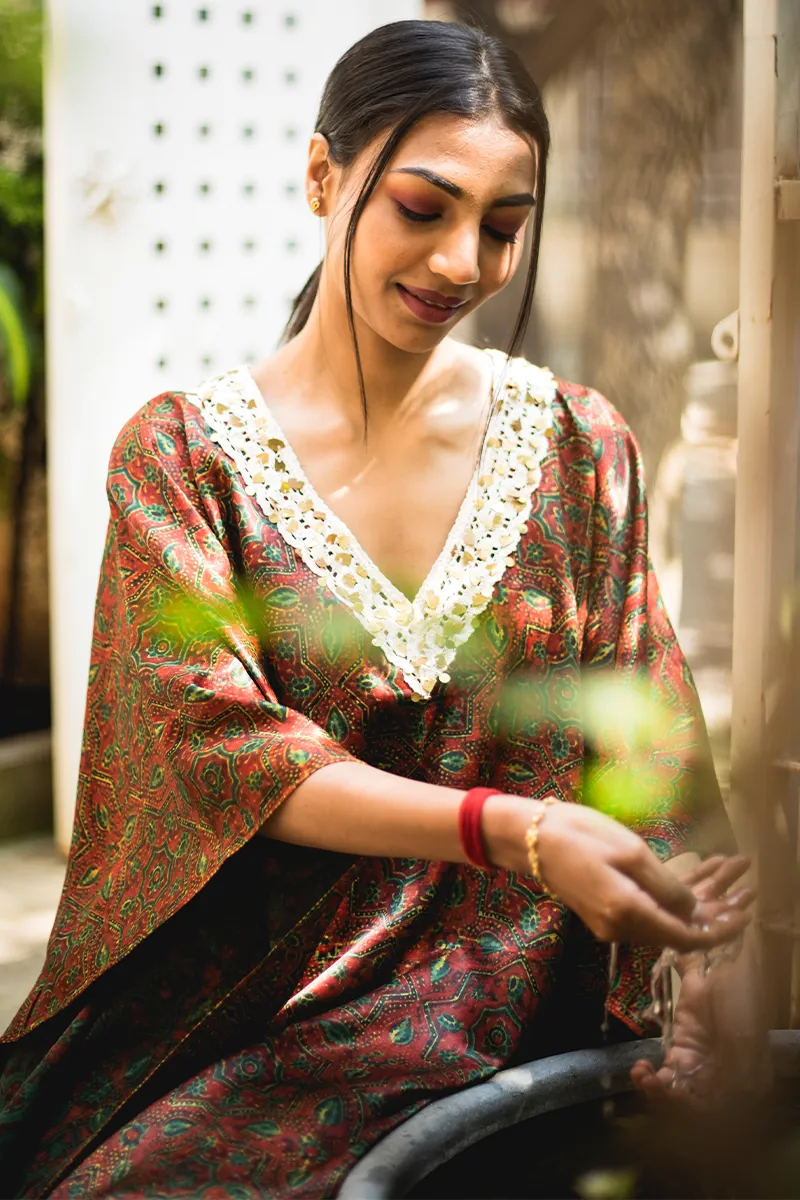 Rust Verdant Lace-Trim Kaftan
