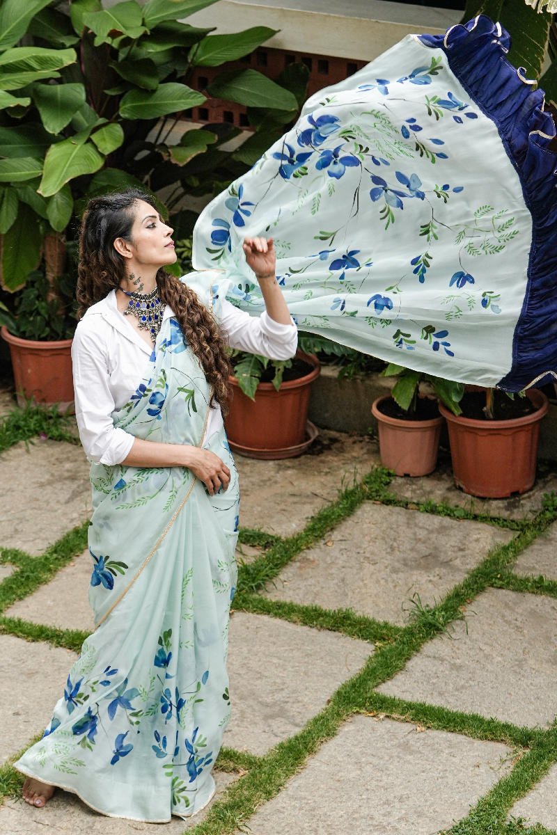 Blue Floral Organza Saree